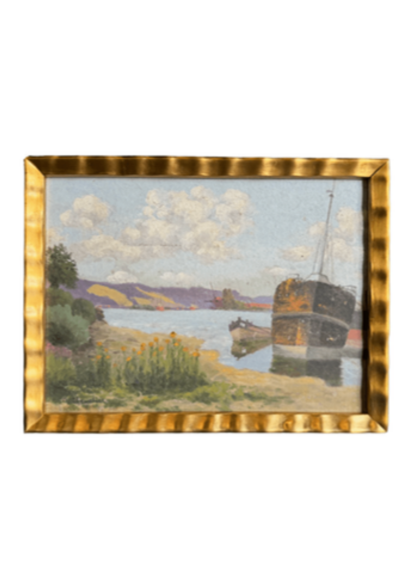 Antique Boat Landscape Painting 11h X 1425w