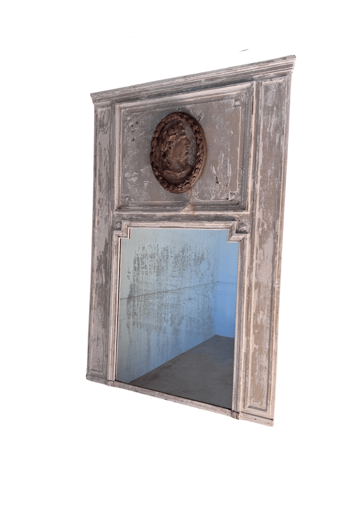 1800s French trumeau mirror in original weathered gray paint, with a carved oval profile medallion above a foxed mirror plate