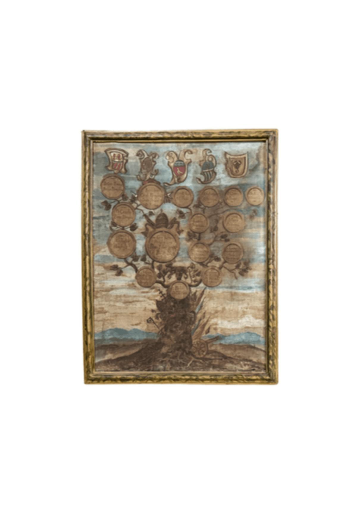 18Th C Pair Of Hand Painted Family Tree With Heraldic Crests