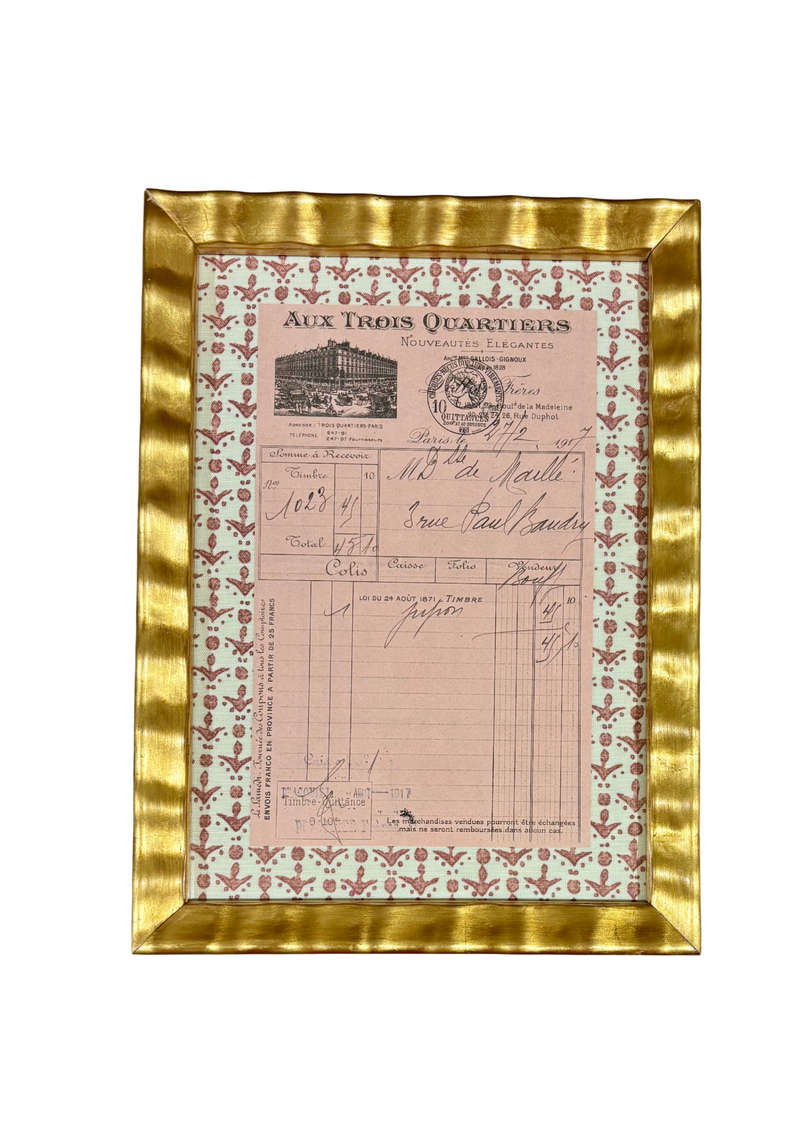 Antique French Household Receipt in Rose with Block Print Border Small