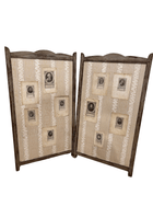 Pair of antique Belgian decoupage screen panels with engraved portrait prints mounted on striped ivory fabric, in weathered wood frames with scalloped tops
