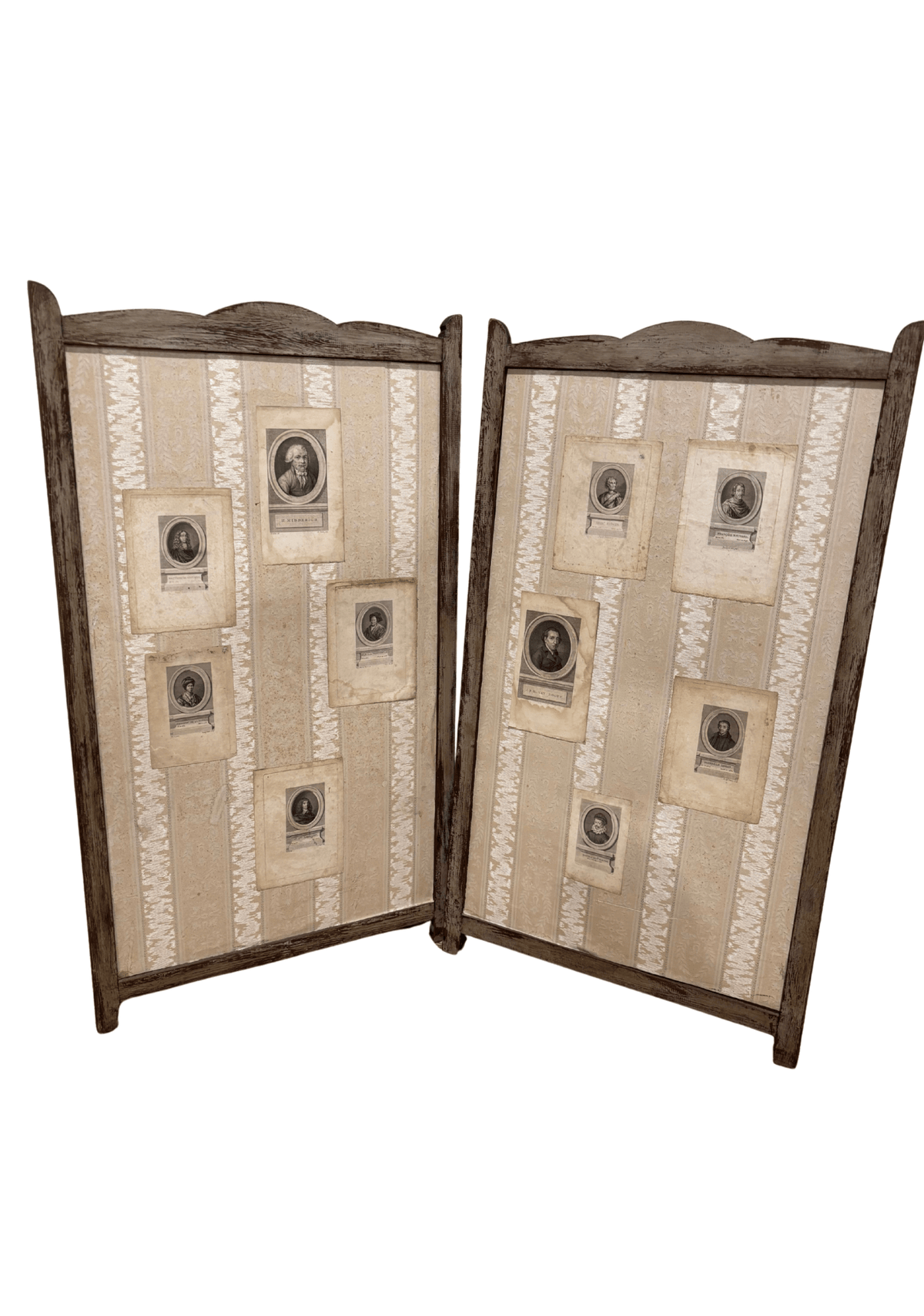 Pair of antique Belgian decoupage screen panels with engraved portrait prints mounted on striped ivory fabric, in weathered wood frames with scalloped tops