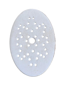 Antique Belgian ironstone oval strainer with star-pattern perforations, warm white finish