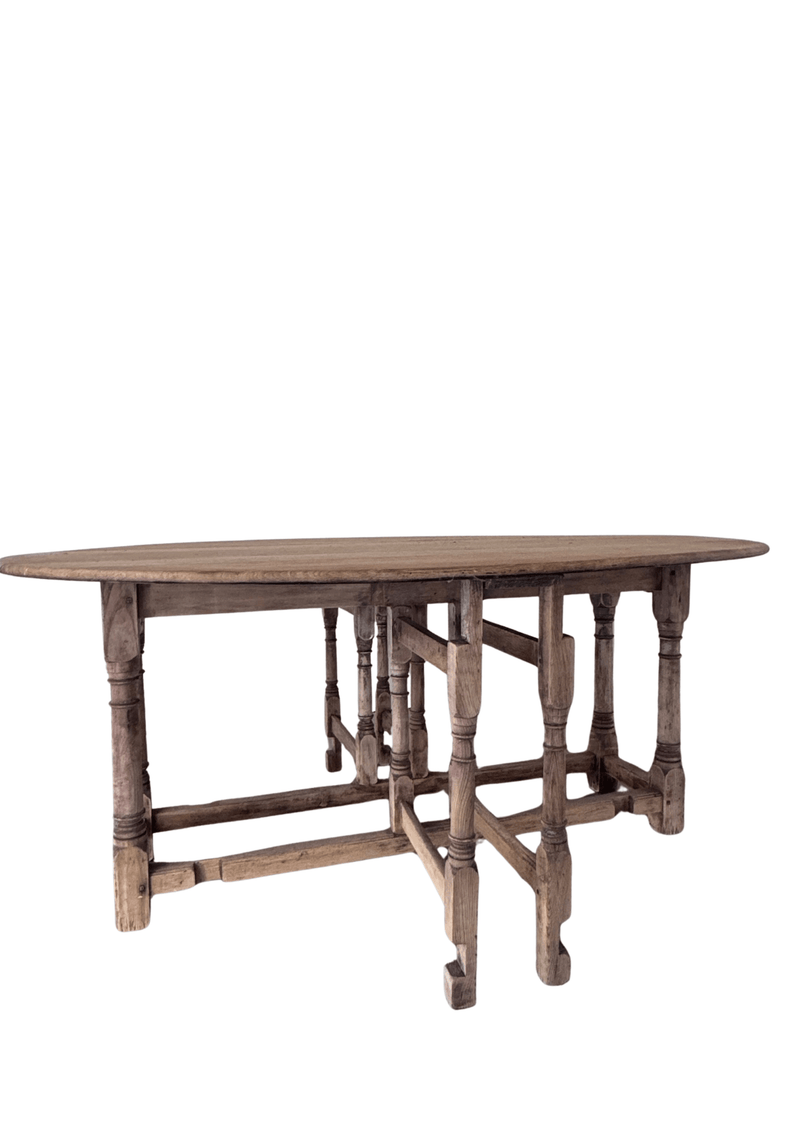 Antique Belgian Oak Oval Dining Table With Drop Leaves