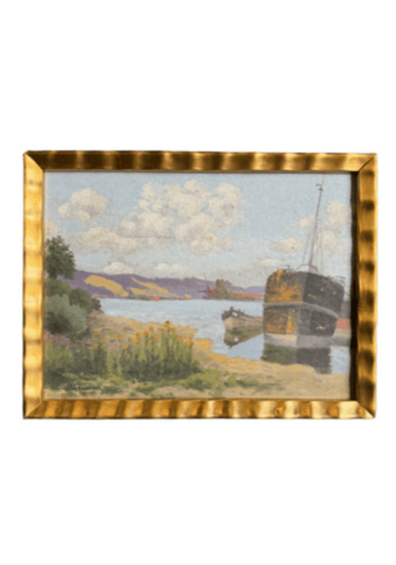 Antique Boat Landscape Painting 11h X 1425w