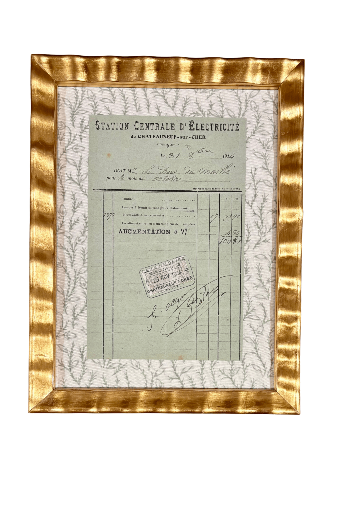 Antique French Household Receipt in Green with Block Print Border