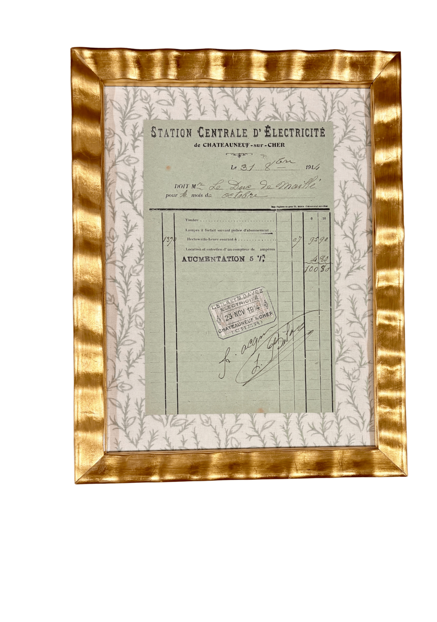 Antique French Household Receipt in Green with Block Print Border