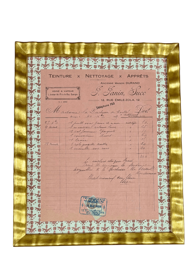 Antique French Household Receipt in Rose with Block Print Border Medium