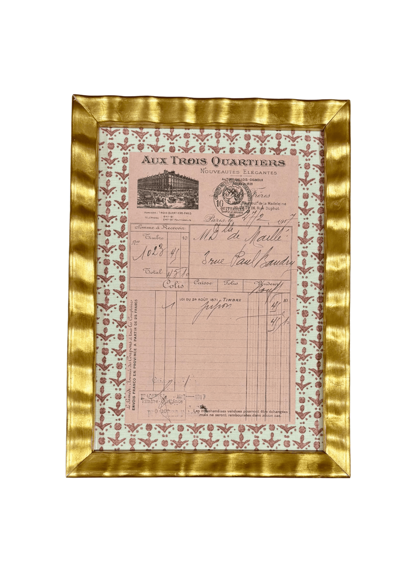 Antique French Household Receipt in Rose with Block Print Border Small