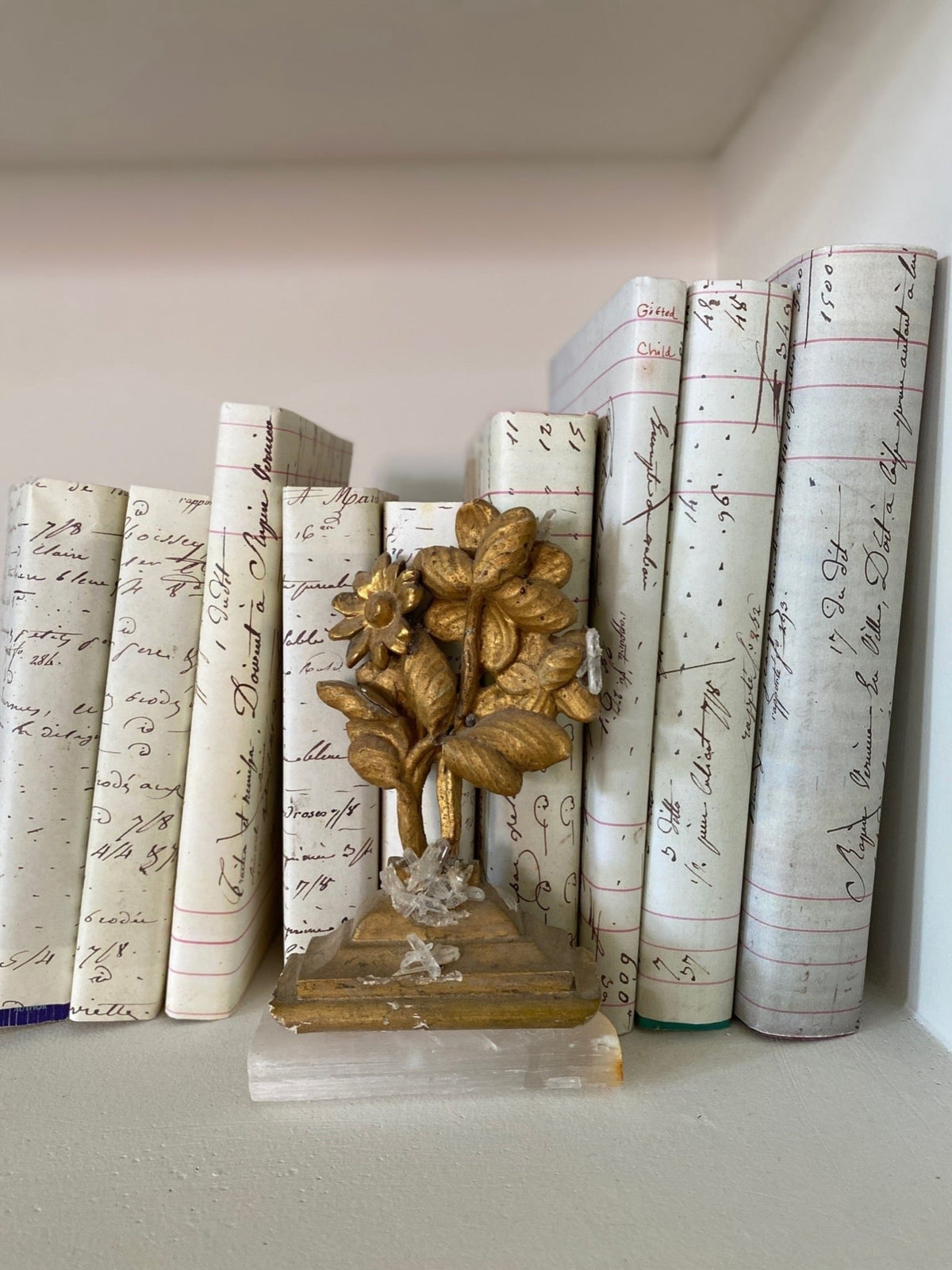 Row of antique French ledger print book covers with handwritten script standing upright on a shelf, with a small gilt metal flower spray on a crystal cluster base placed among them.