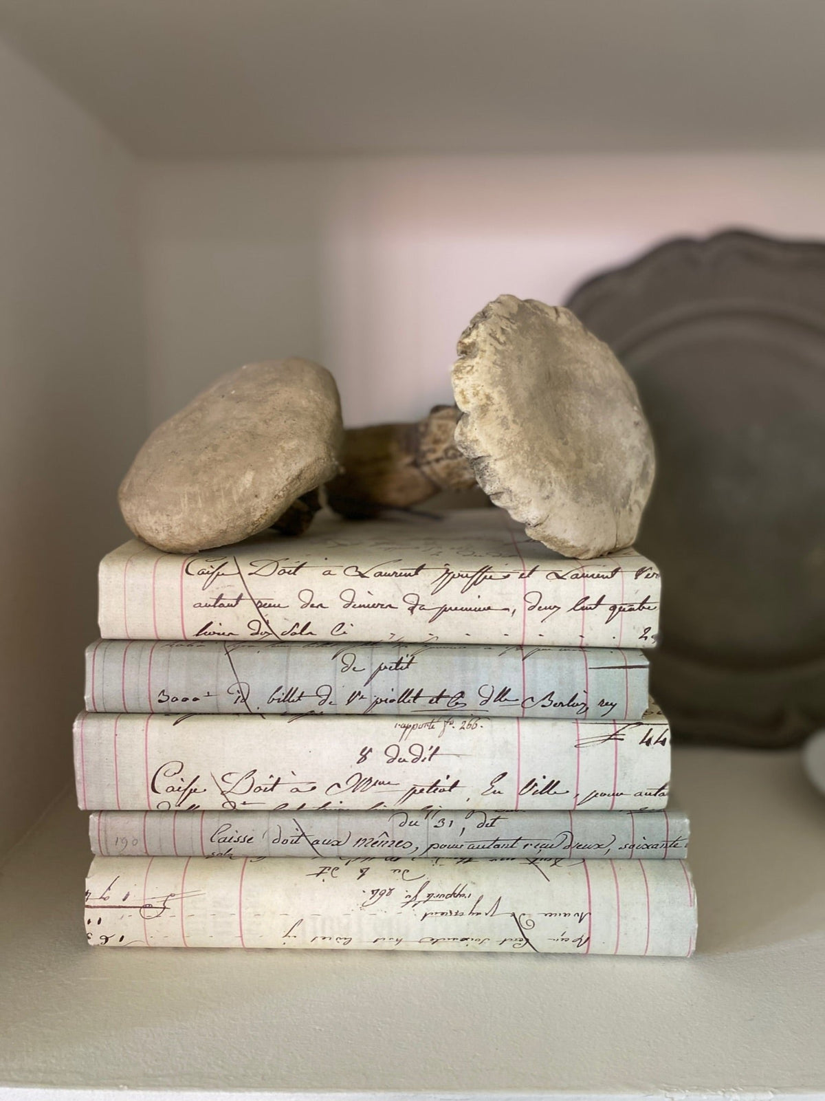 Stack of antique French ledger print book covers in pale blue-green with handwritten script, topped with two small pale stone or fossil-like decorative objects, on a shelf with a blurred metal charger plate behind.
