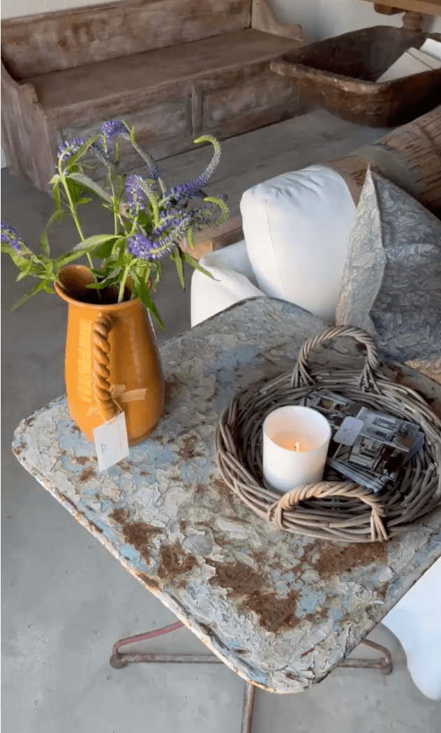 Antique French Square Garden Table, Blue Patina