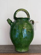 Antique French Walnut Oil Jug With Lid, Emerald Glaze
