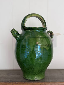 Antique French Walnut Oil Jug With Lid, Emerald Glaze