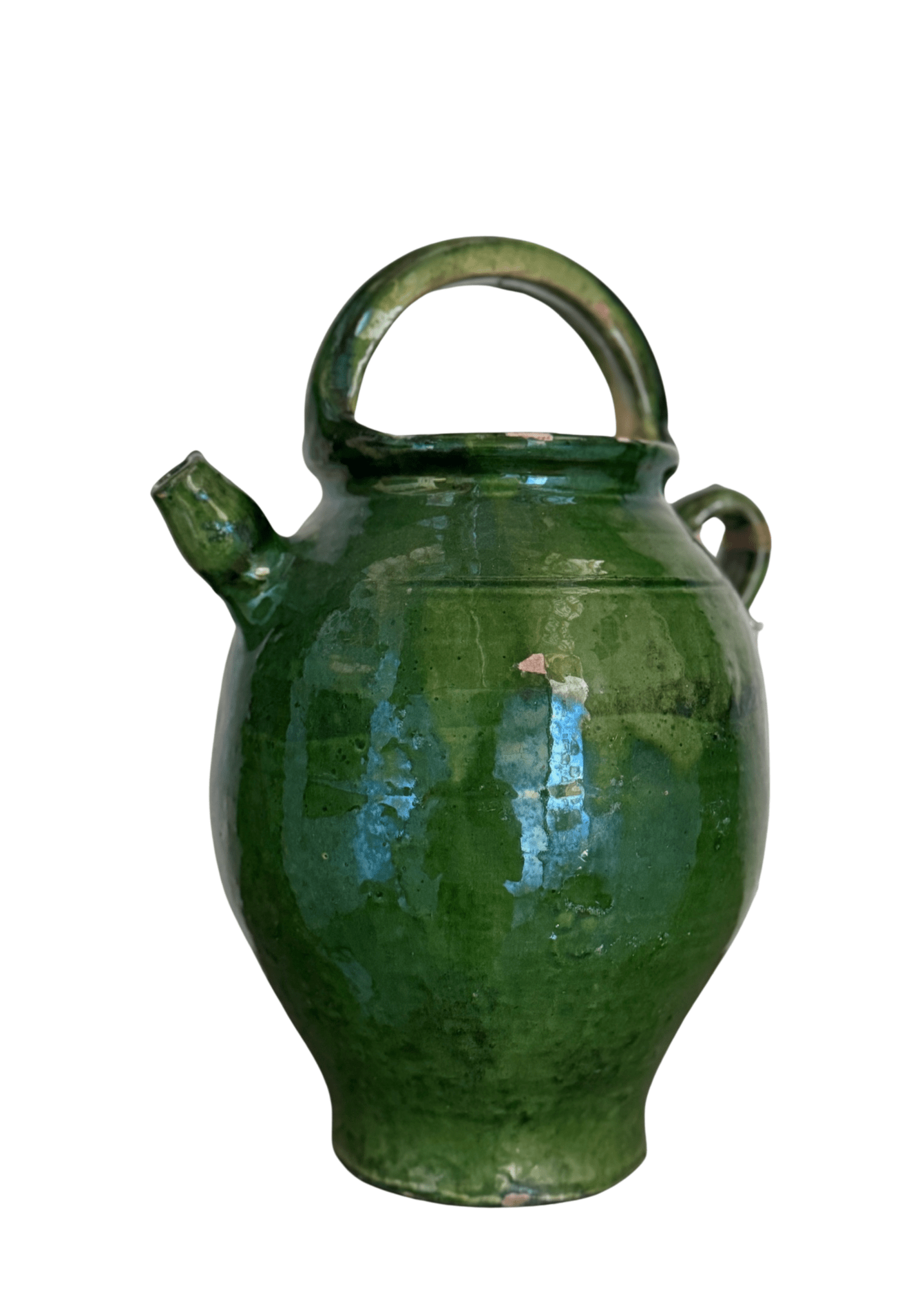 Antique French Walnut Oil Jug With Lid, Emerald Glaze