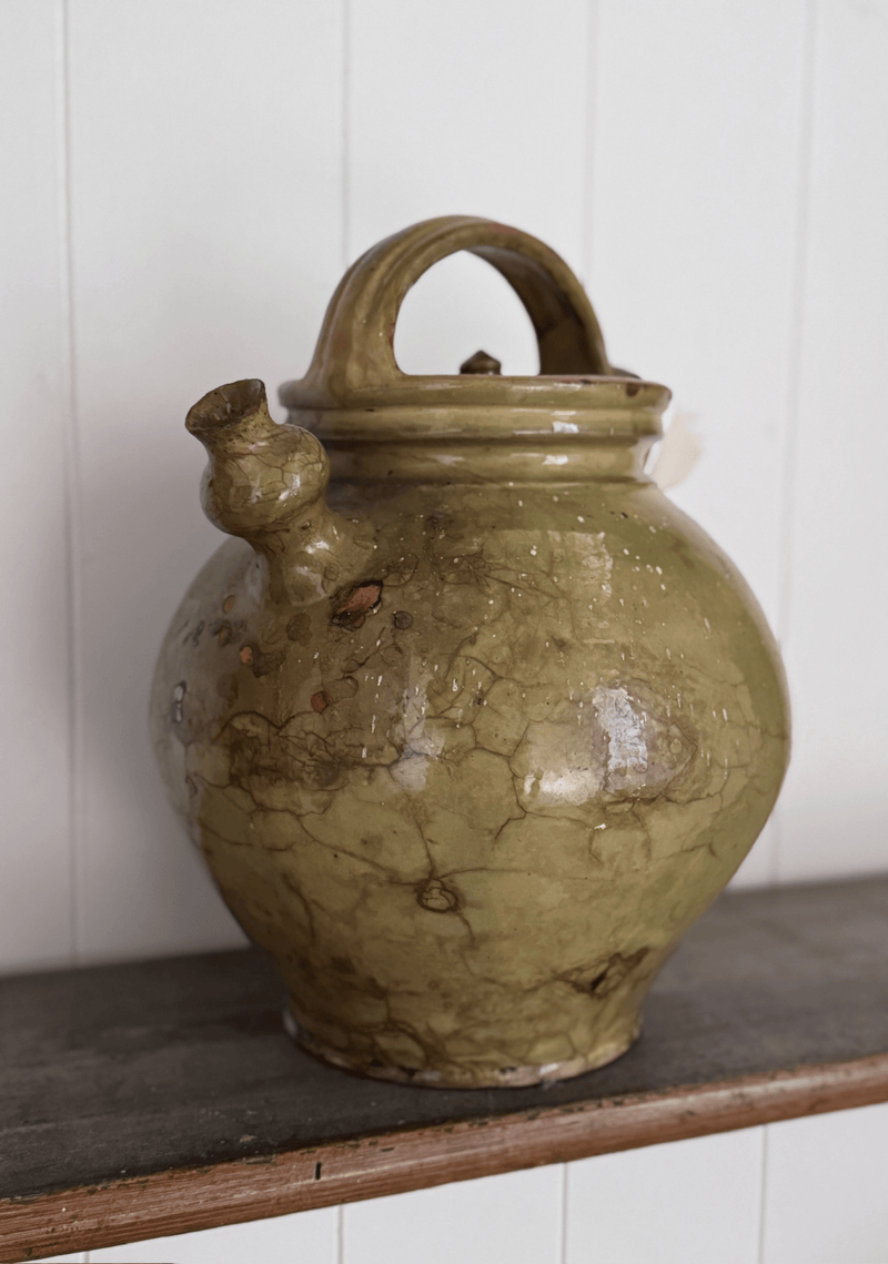 Antique French Walnut Oil Jug With Lid, Pale Green Glaze