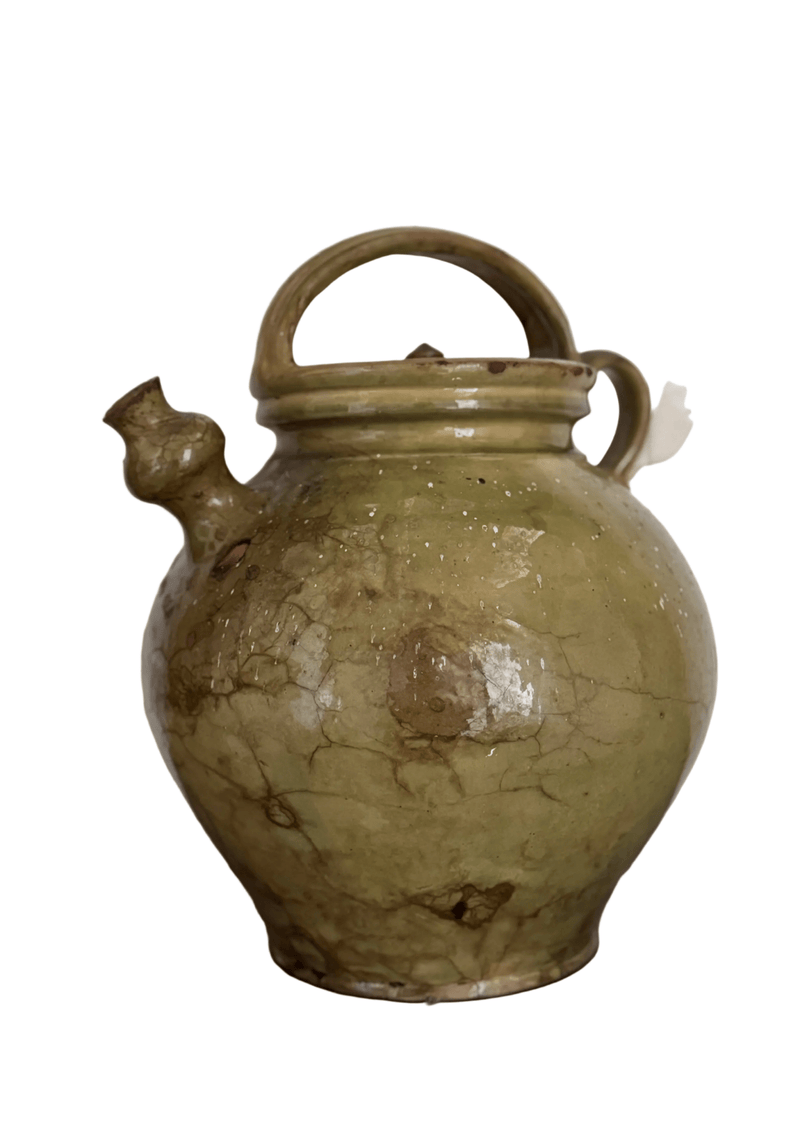 Antique French Walnut Oil Jug With Lid, Pale Green Glaze