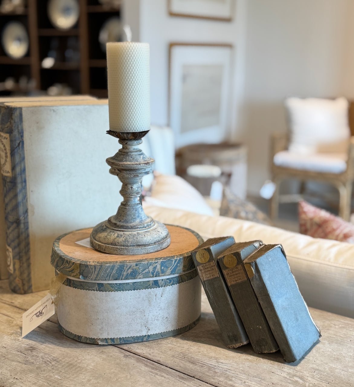 Antique Italian Hat Box with Blue Marbleized Detail