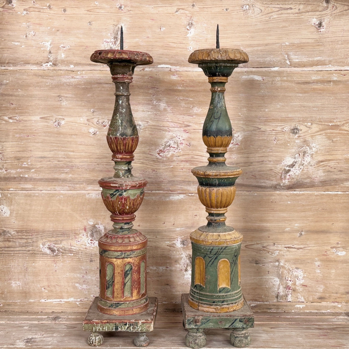Antique 19th C. Italian Candlestick Lamps with Marbleized Shades, Circa 1860, Pair