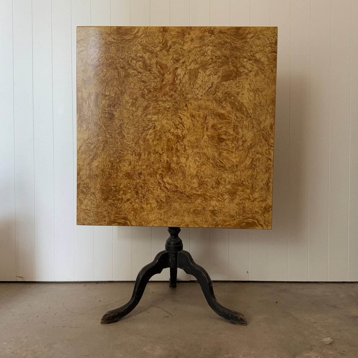 Bleached burl wood tilt-top table with a black cabriole tripod base, top upright