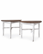 Pair of antique Swedish demilune tables with tapered white-painted legs and dark stained half-round tops