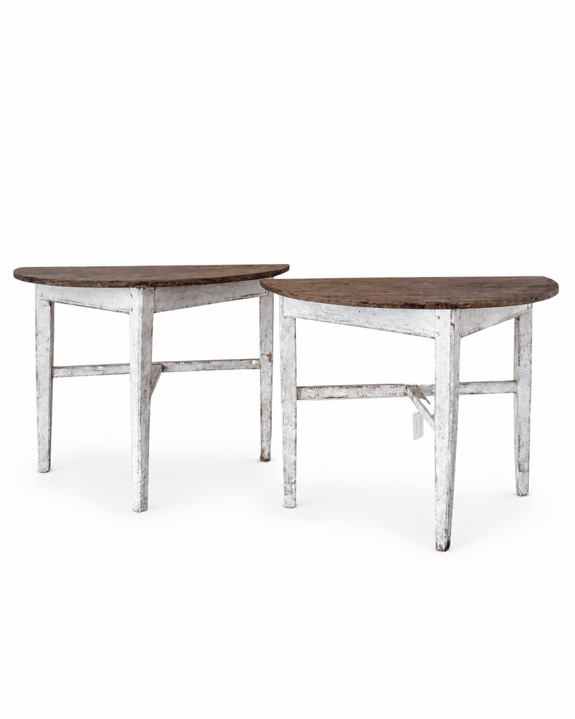 Pair of antique Swedish demilune tables with tapered white-painted legs and dark stained half-round tops