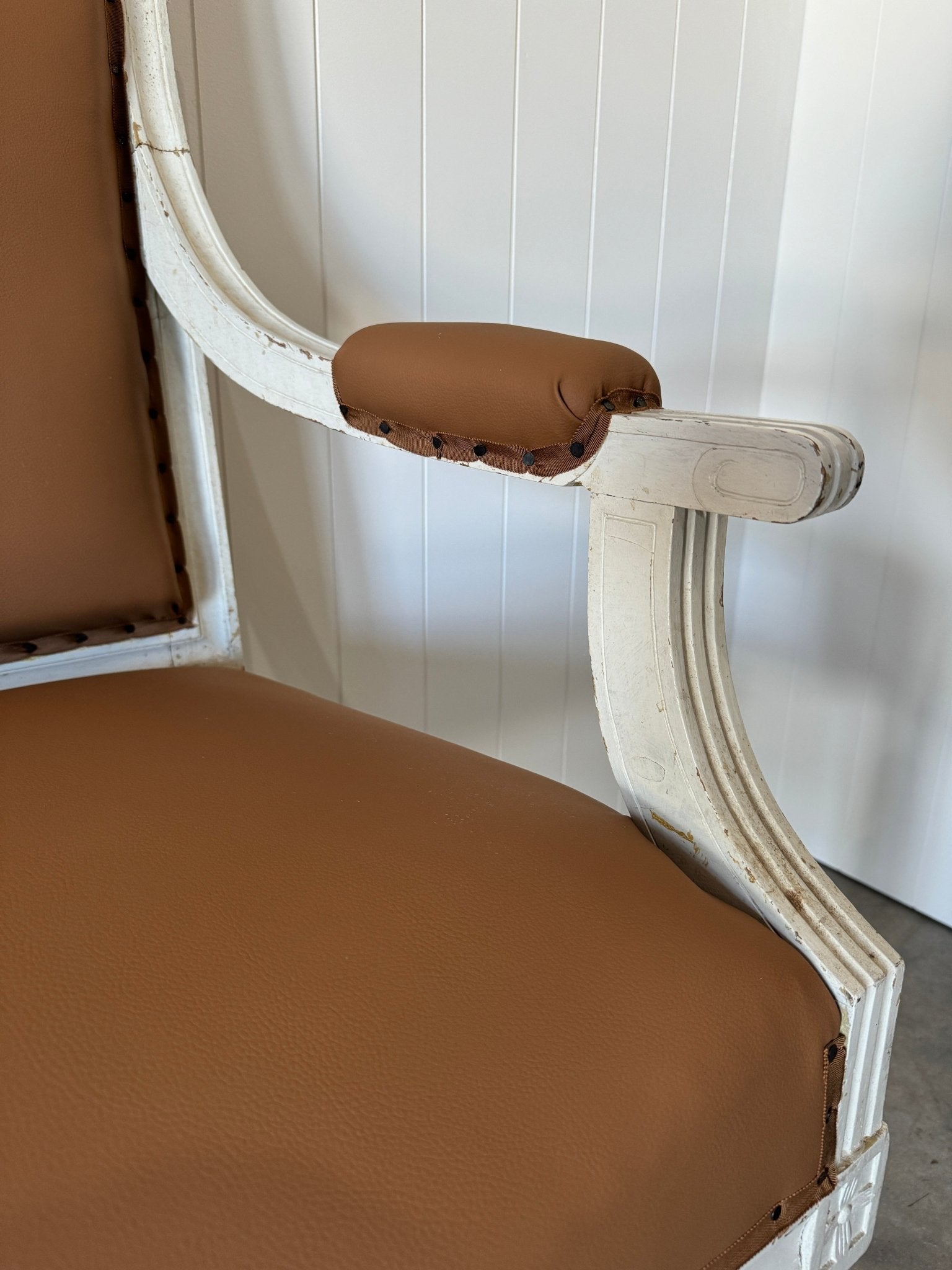 Antique Swedish Settee Updated in Tobacco Leather