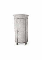 Antique Swedish corner cabinet with a rounded bowed front, painted in a white marbleized faux finish, on small bun feet