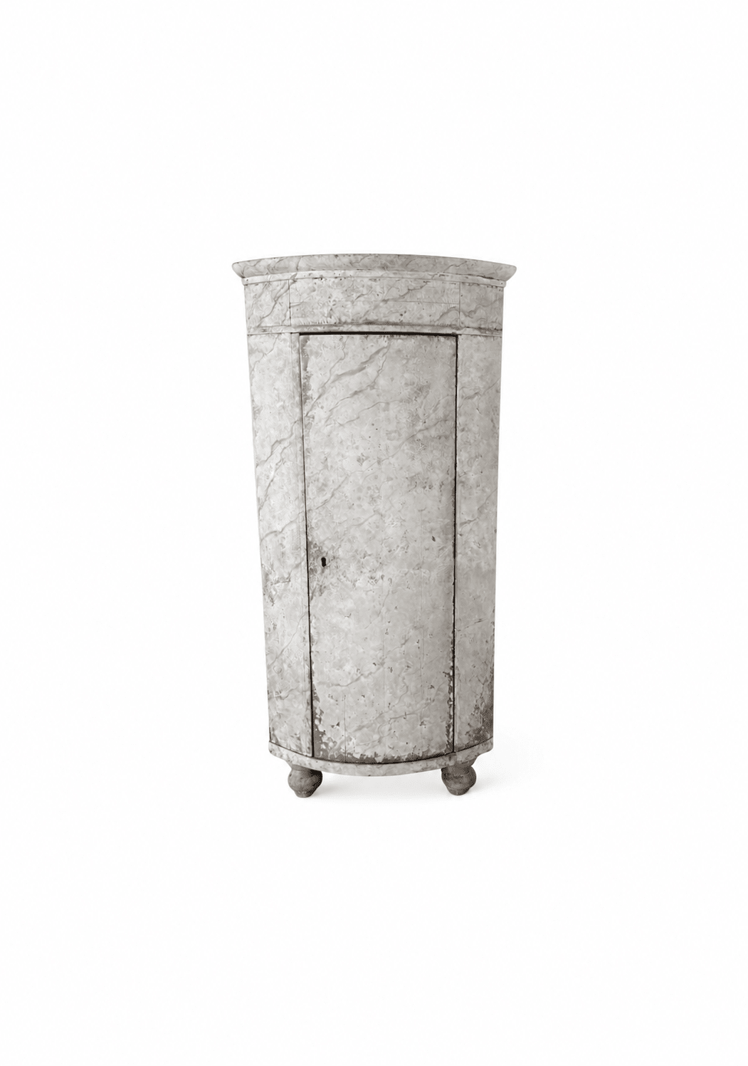 Antique Swedish corner cabinet with a rounded bowed front, painted in a white marbleized faux finish, on small bun feet