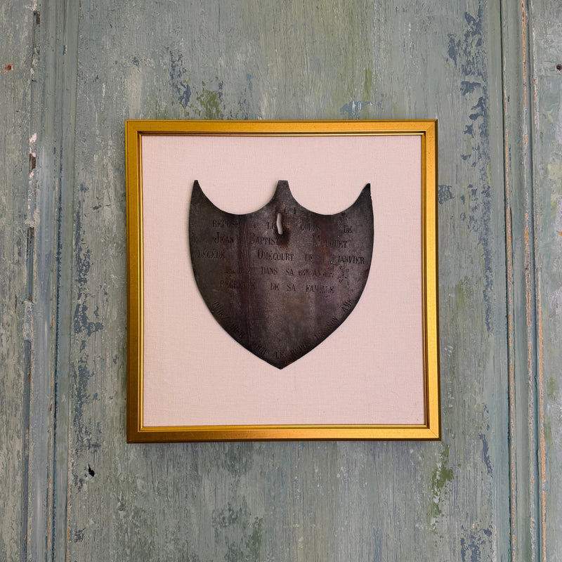Antique Metal Sign on White Linen Mat, Framed