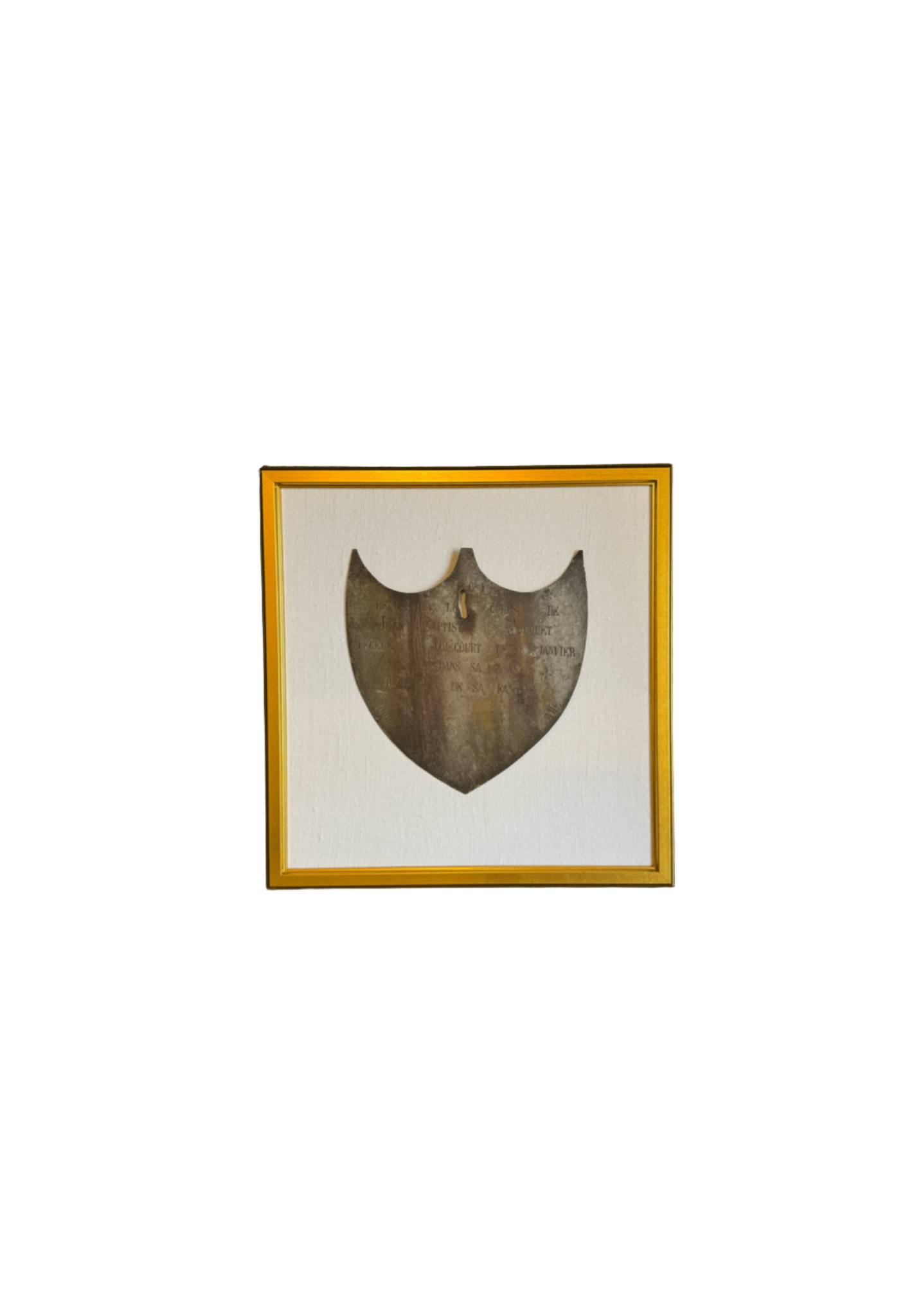 Framed Antique Metal Sign on White Linen Mat