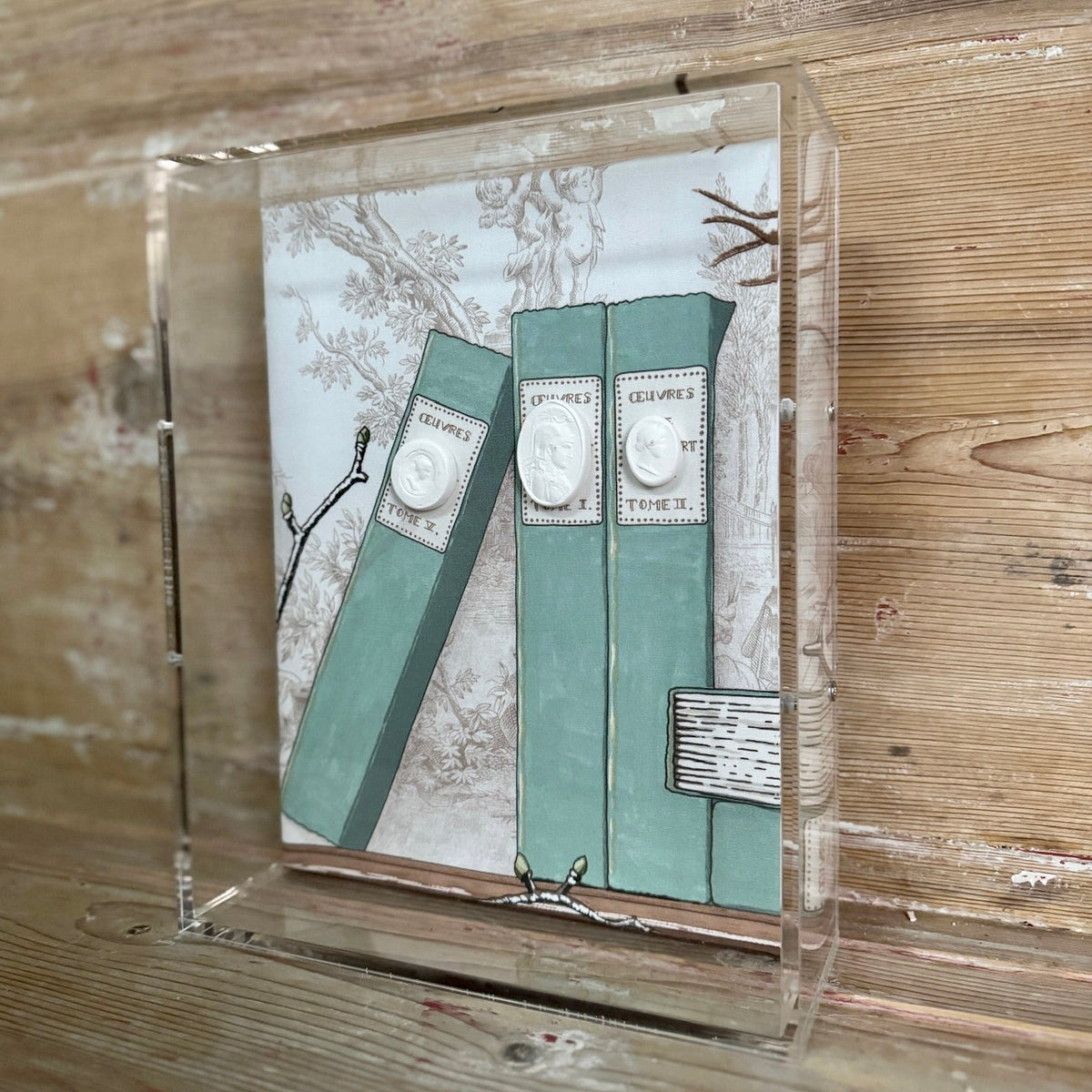 Side angle view of the framed shadowbox with painted book spines and plaster intaglio medallions on toile fabric