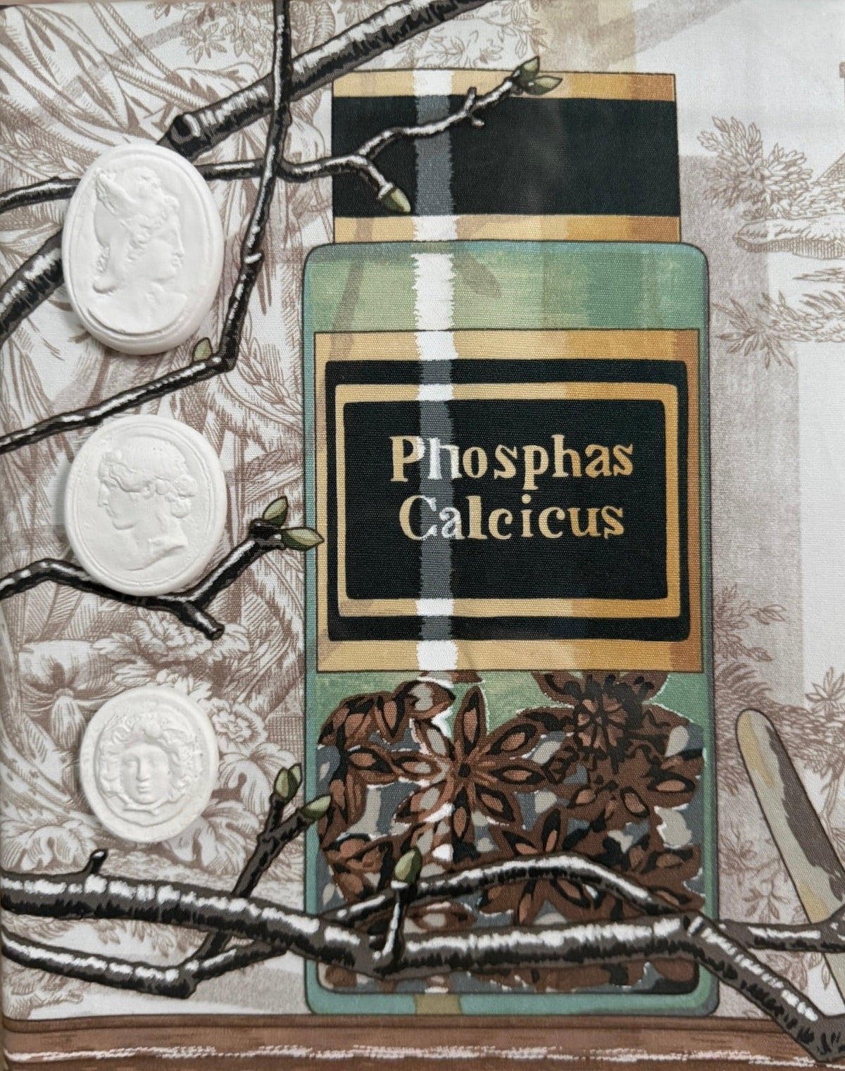 Close-up of a painted apothecary jar labeled Phosphas Calcicus with three cameo medallions on branch-patterned fabric in the shadowbox
