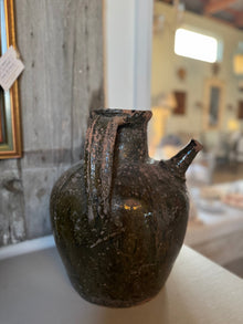 French Walnut Oil Jug 19th C in Deep Olive Green