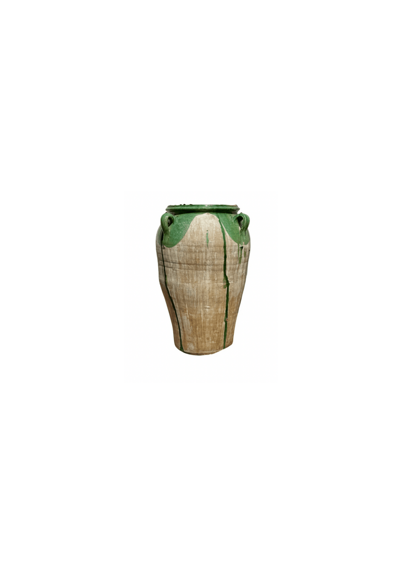 Large Vintage Spanish Olive Oil Jar with Distinctive Green Dripped Glaze