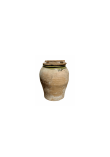 Large Vintage Spanish Urn with Ridged Detail and Green Glazed Accent