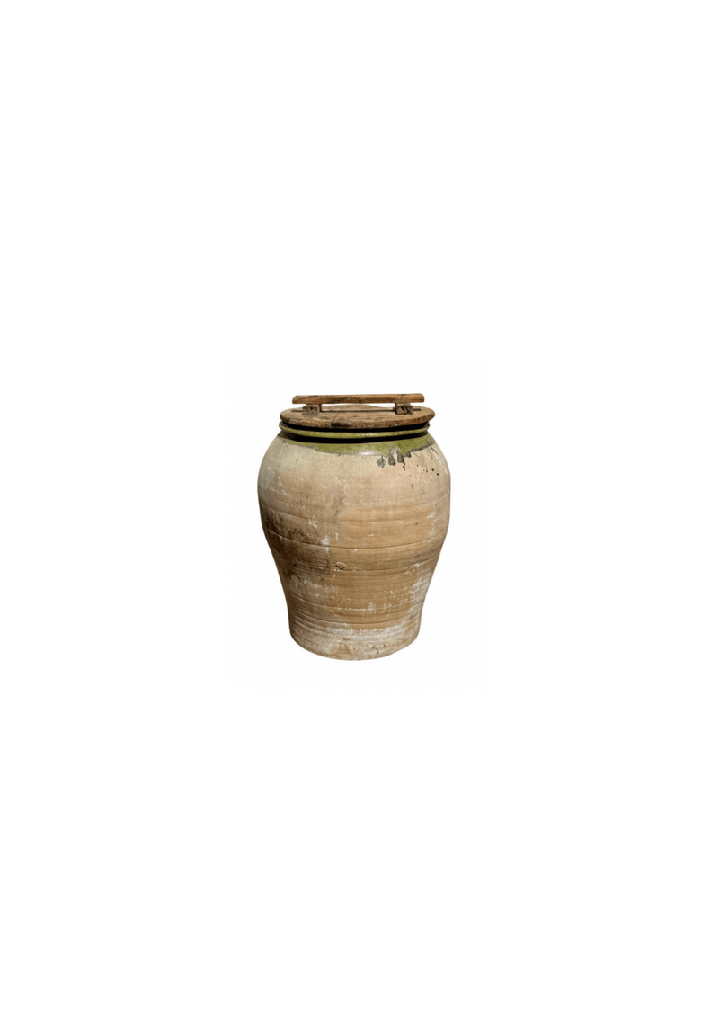 Large Vintage Spanish Urn with Ridged Detail and Green Glazed Accent