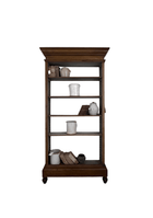 Late 19th century Belgian open bookcase with a faux bois grain-painted finish, molded cornice, and five adjustable shelves styled with crocks and books