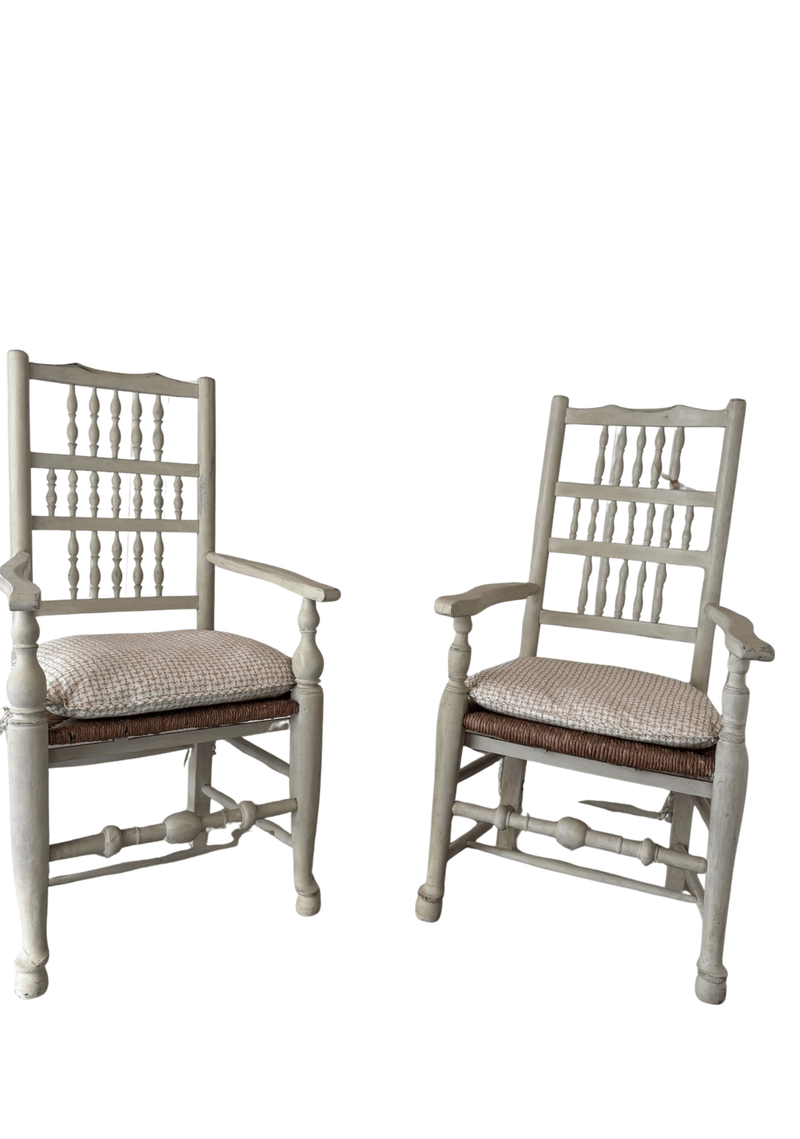 Mid 19th C English Dining Chairs, Rush Seats With Block Print Cushions, Set of 8