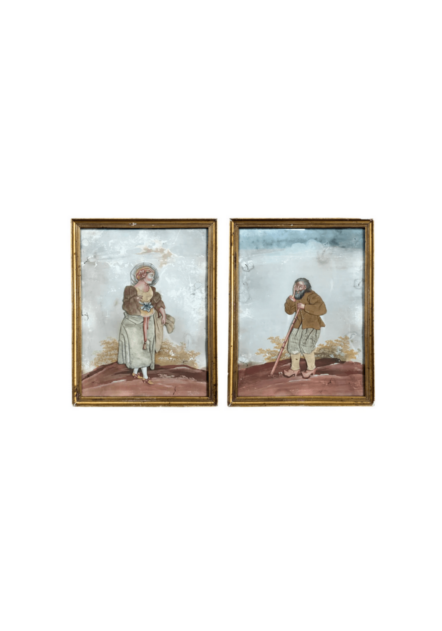 Pair of 18th-Century French Oil Paintings with Textile Appliqué Figures