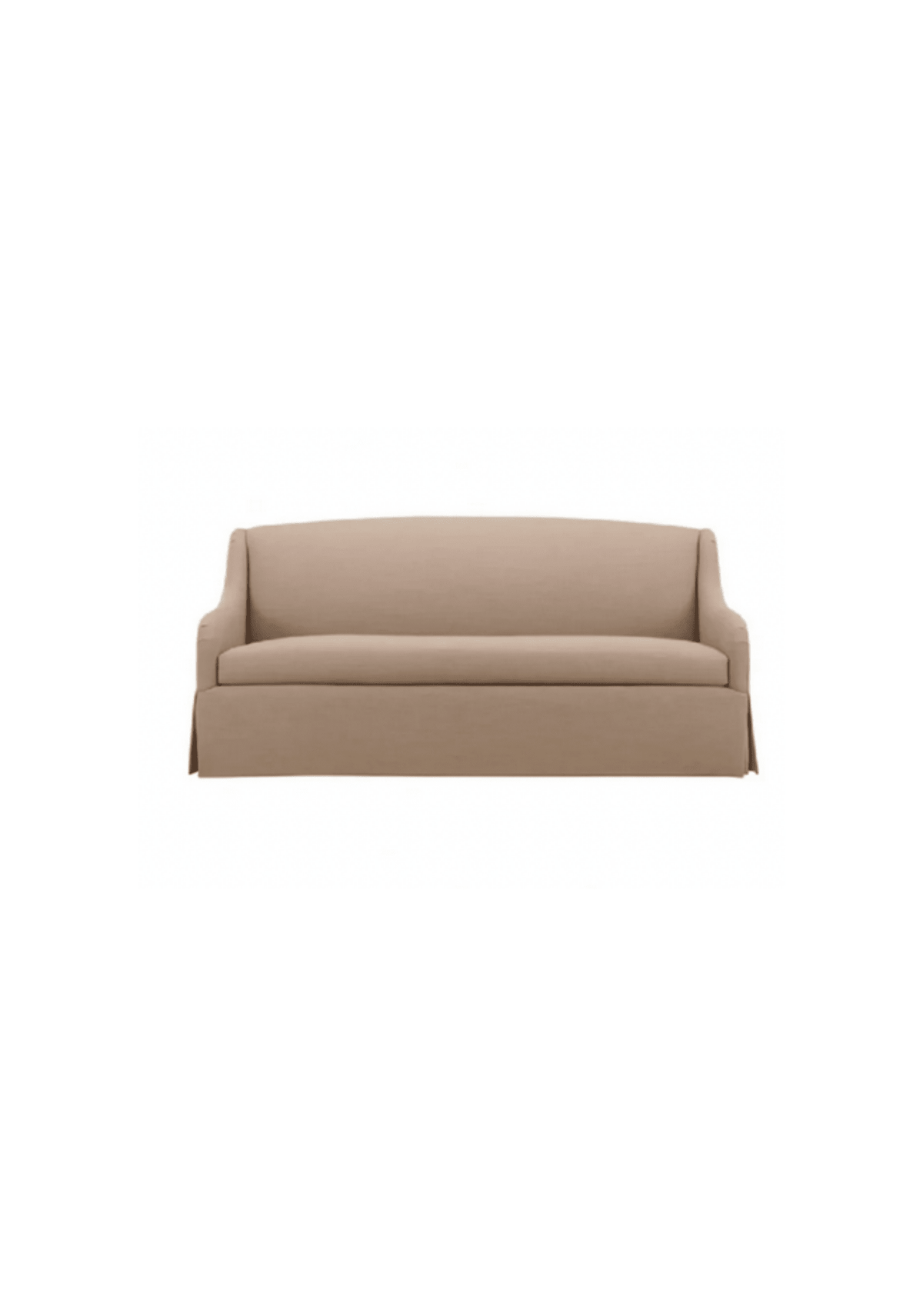 Beige upholstered sofa with sloped arms and a skirted base