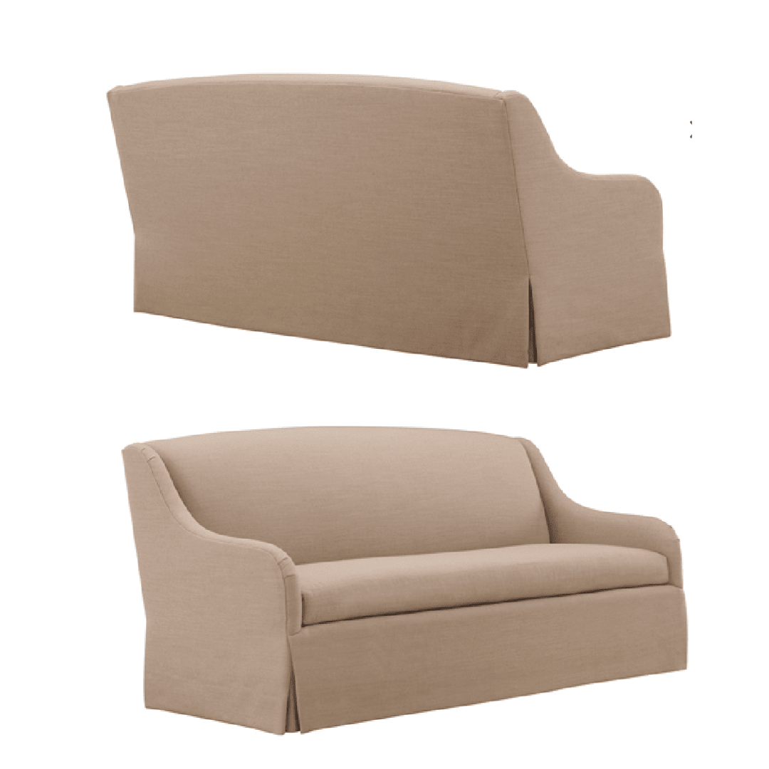 Two product views of a beige upholstered sofa with a skirted base and sloped arms: back three-quarter view above, front three-quarter view below, on a white background