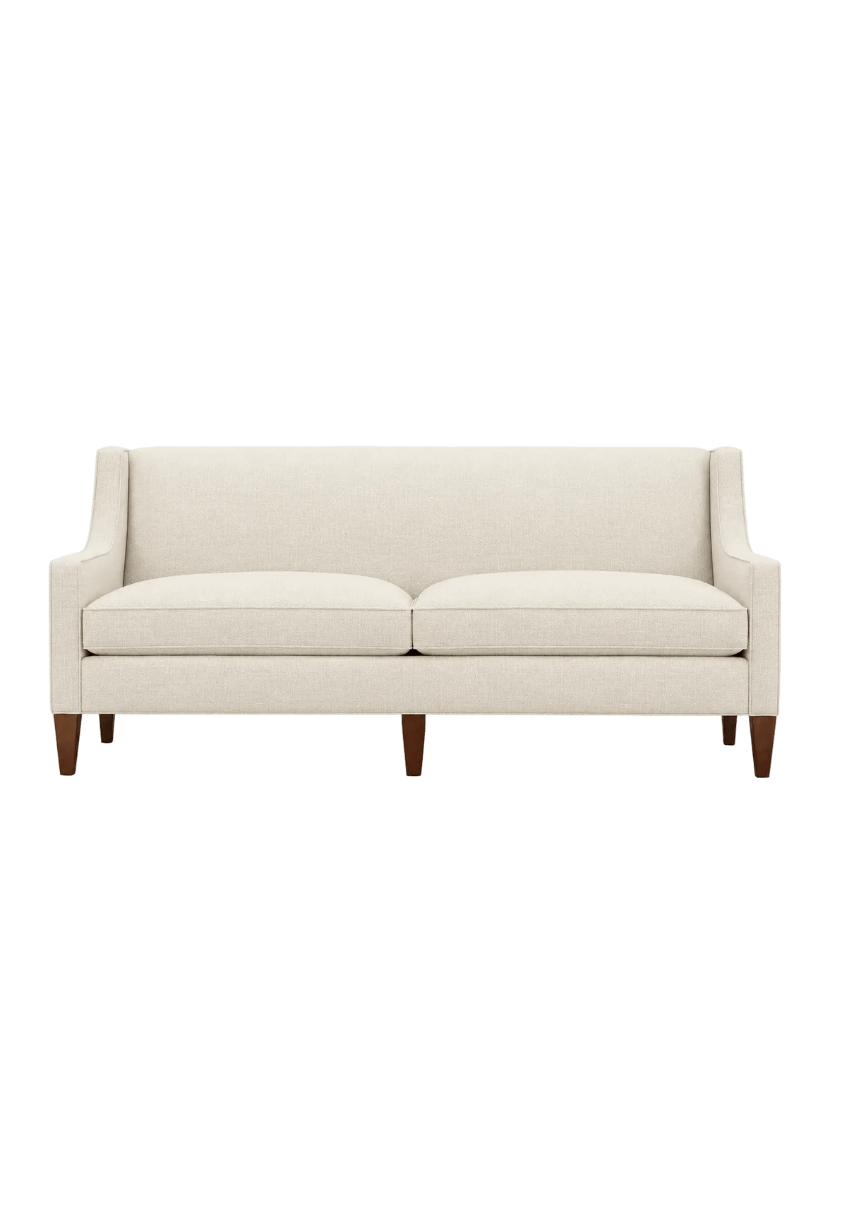 Quick Ship Kenilworth sofa with slope arms, two seat cushions, and tapered wood legs, upholstered in cream fabric, against a white background.