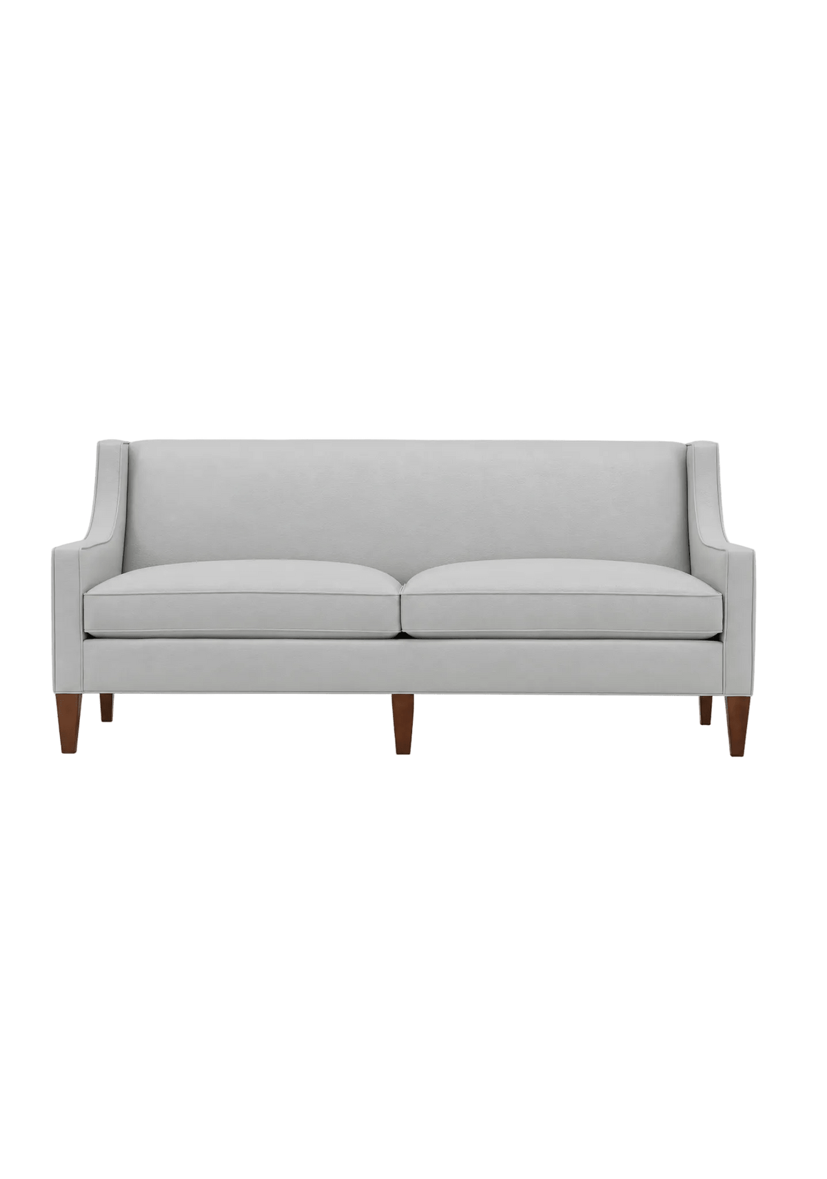 Quick Ship Kenilworth sofa with slope arms, two seat cushions, and tapered wood legs, upholstered in light gray fabric, against a white background.