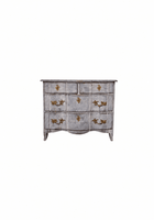 Swedish Baroque-style commode in a weathered blue-gray painted finish with brass hardware and carved shell medallions