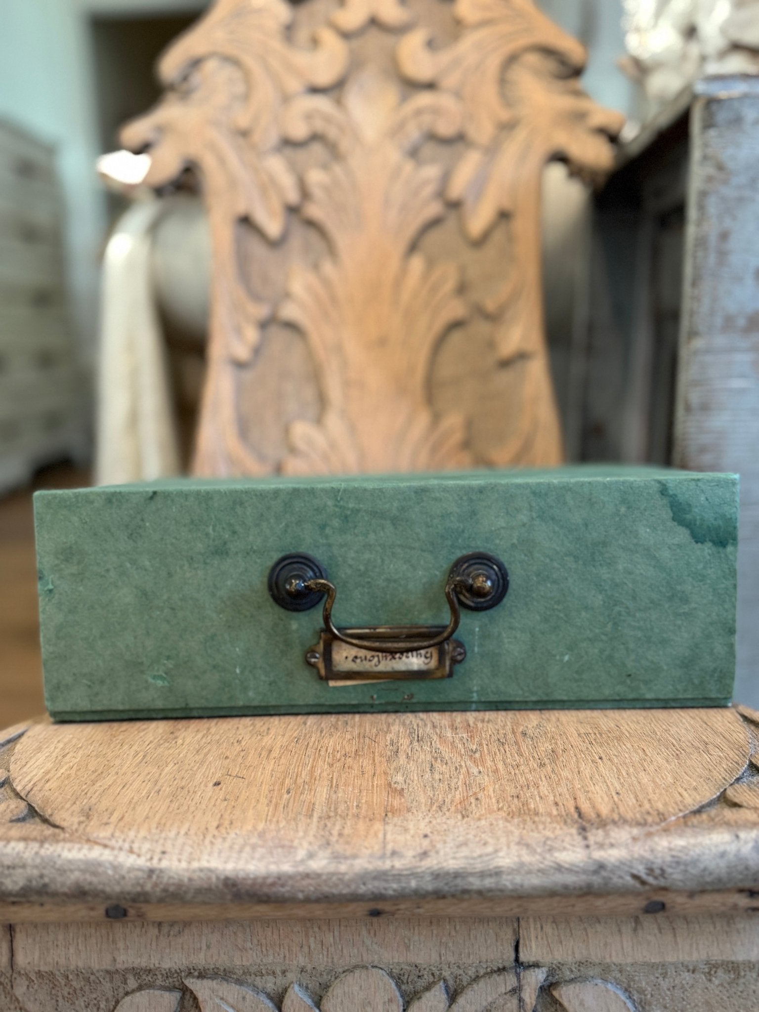 Vintage French Green Documents Box with Brass Handle