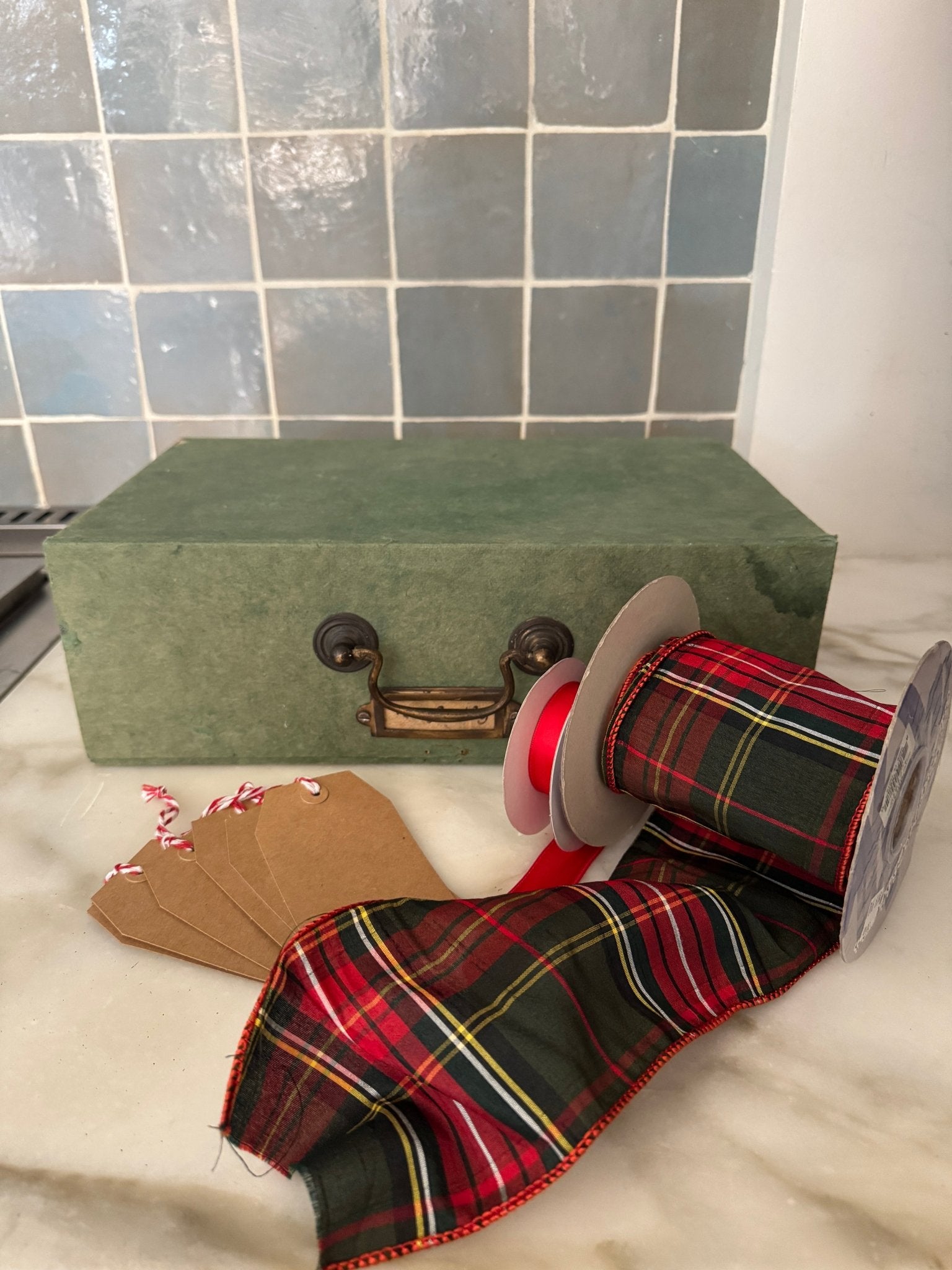Vintage French Green Documents Box with Brass Handle