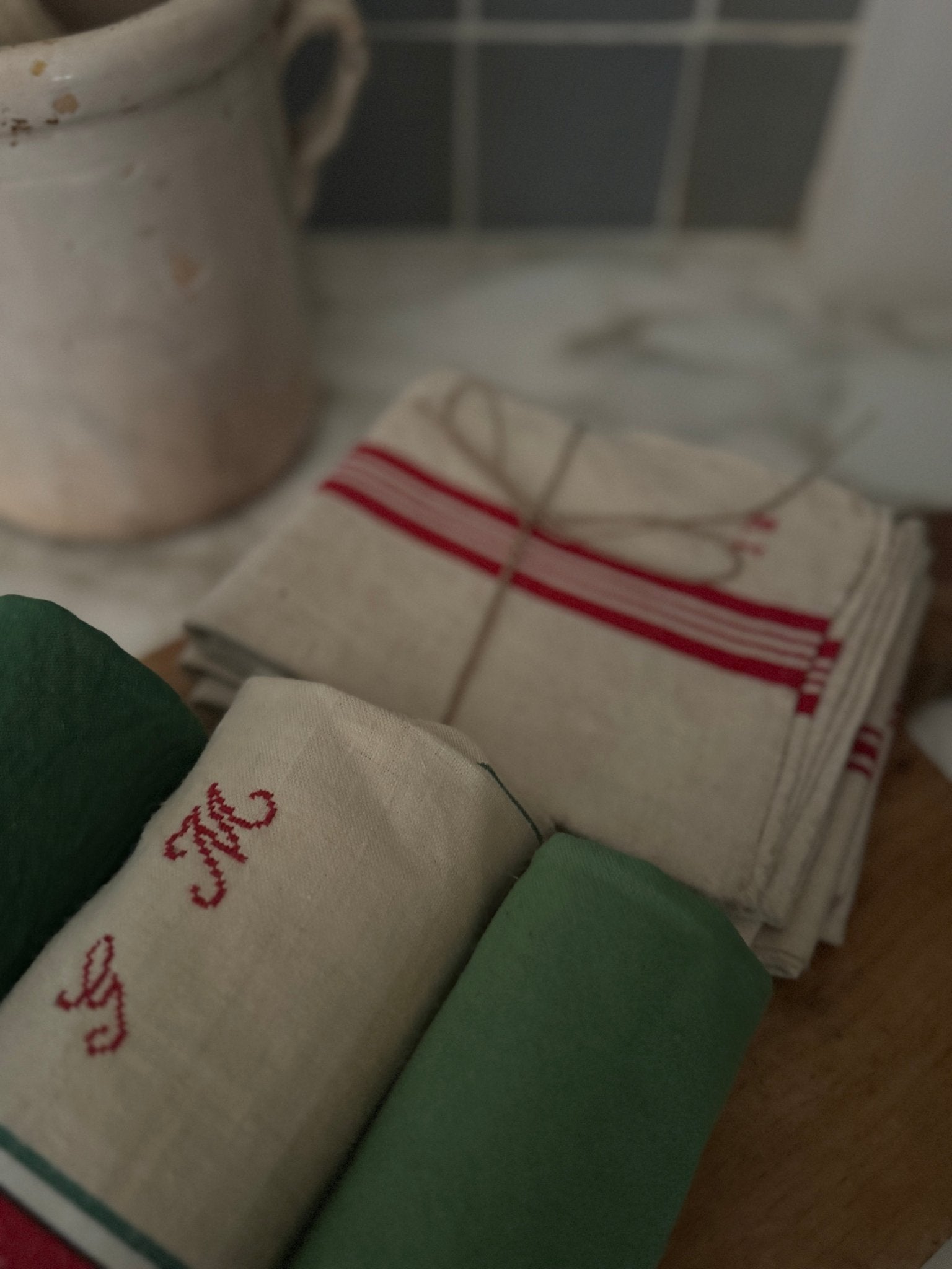 Vintage French Linen Dishtowel, Striped in Red & Green with Embroidered Initials
