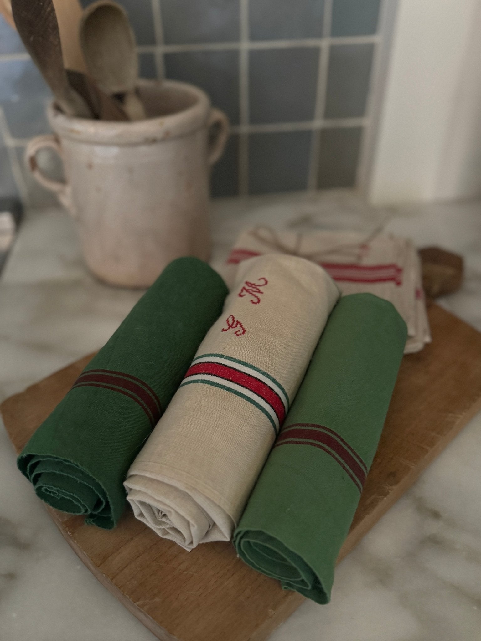 Vintage French Linen Dishtowel, Striped in Red & Green with Embroidered Initials