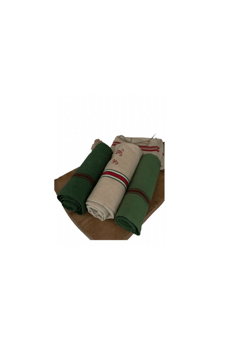 Vintage French Linen Dishtowel, Striped in Red & Green with Embroidered Initials